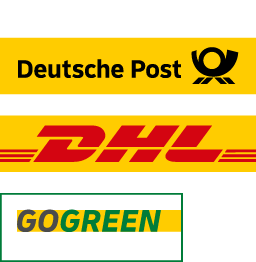Zu sehen sind die Logos von DHL, der deutschen Post und ihrem klimaneutralen Versand 