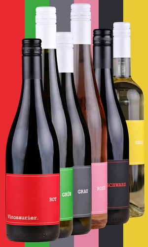 Die Grafik zeigt den Inhalt der Probierkiste auf einem bunten Hintergrund aus sechs Streifen. Die Streifen haben die Farbe: Rot, Grün, Grau, Rosa, Schwarz und Gelb (v. l. n. r.). Im Vordergrund stehen sechs Flaschen Vinosaurier Wein der gleichen Farbe. Die Flasche Vinosaurier rot ist die vorderste Flasche, die hinterste Flasche ist Vinosaurier Gelb.