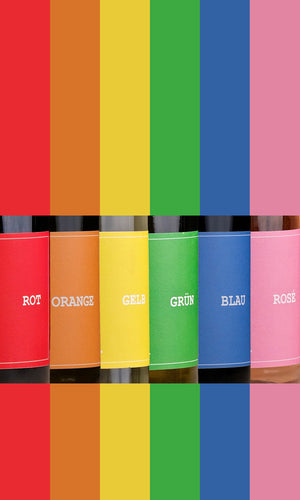 Die Grafik besteht aus sechs gleichgroßen Streifen. Von links nach rechts haben sie die Farben Rot, Orange, Gelb, Grün, Blau und Rosa. In der Mitte jedes Streifens wurden die farbigen Etiketten der Vinosaurier Wein hereingeschnitten. Sodass auch die Etiketten Streifen wie einer Regenbogenfahne bilden.