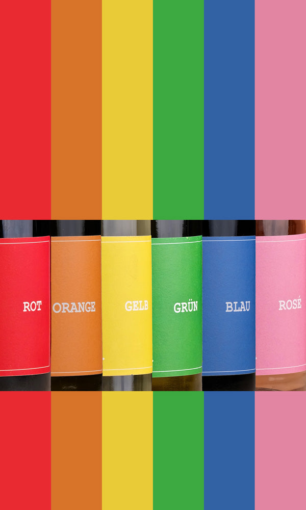 Die Grafik besteht aus sechs gleichgroßen Streifen. Von links nach rechts haben sie die Farben Rot, Orange, Gelb, Grün, Blau und Rosa. In der Mitte jedes Streifens wurden die farbigen Etiketten der Vinosaurier Wein hereingeschnitten. Sodass auch die Etiketten Streifen wie einer Regenbogenfahne bilden.